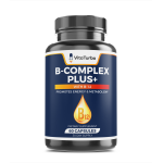 B-Complex Plus with B-12 supplement bottle front view, Vitamin B-Complex capsules with B-12 for energy support B-Complex Plus supplement promoting nerve health​
